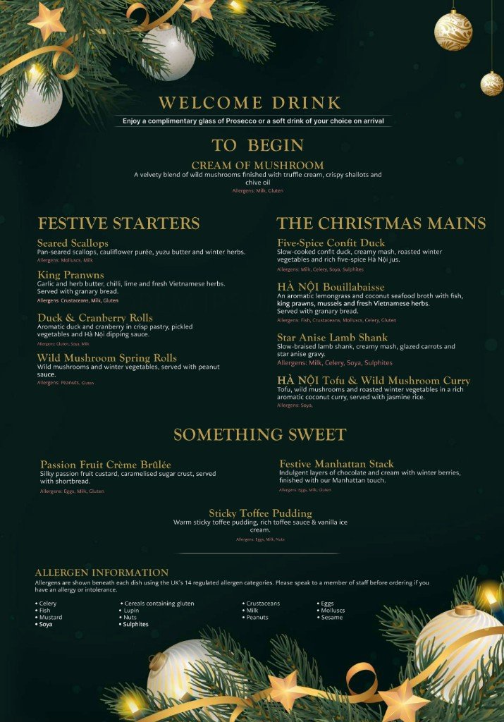 Hà Nôi Christmas menu courses — starters, mains and desserts