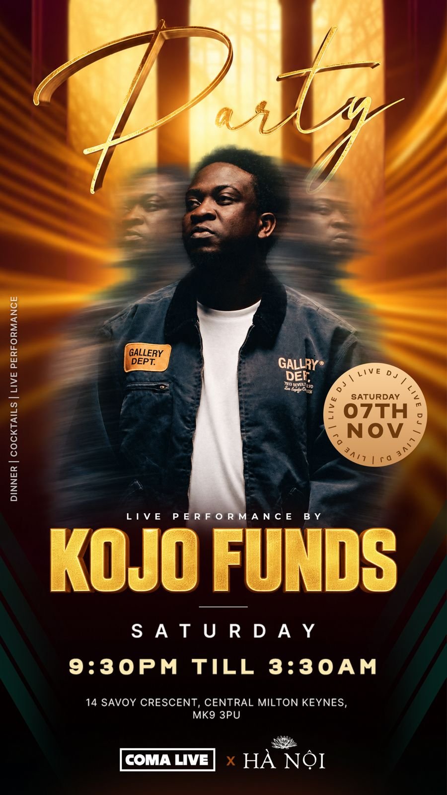 Kojo Funds Live at Hà Nội Milton Keynes — Saturday 7 November, dinner, cocktails and live performance